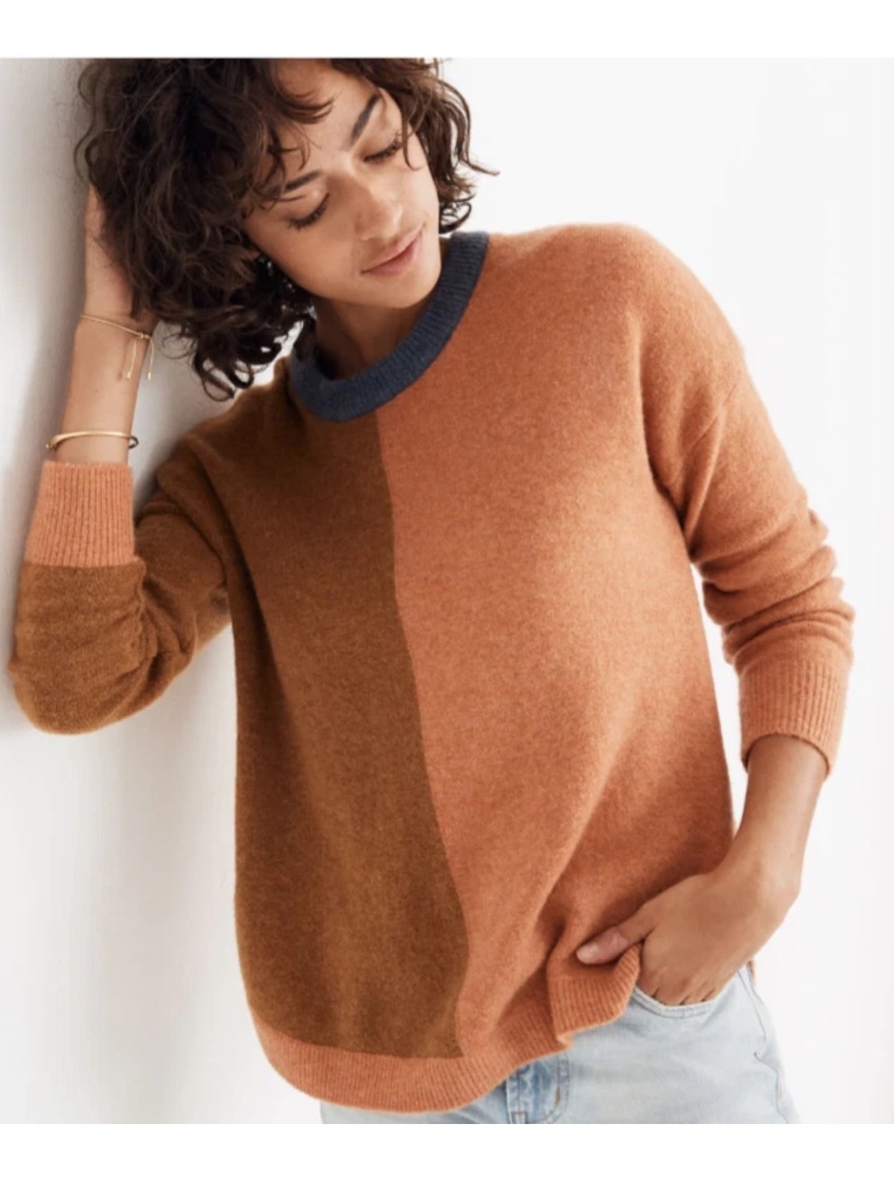 Madewell Sz M Westlake Colorblock Pullover Sweater in Coziest Yarn Brown Wool